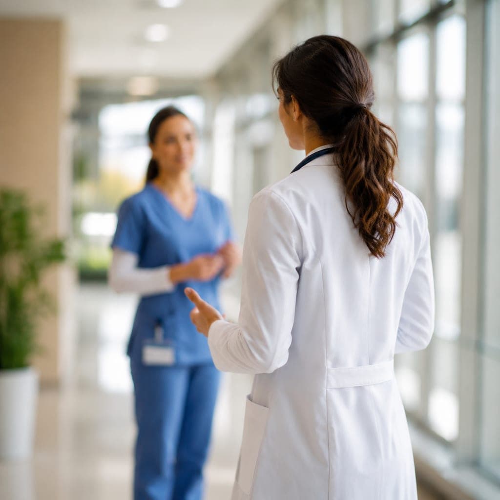 Médecin en blouse dans un couloir d’hôpital, illustrant la féminisation de la profession médicale en France