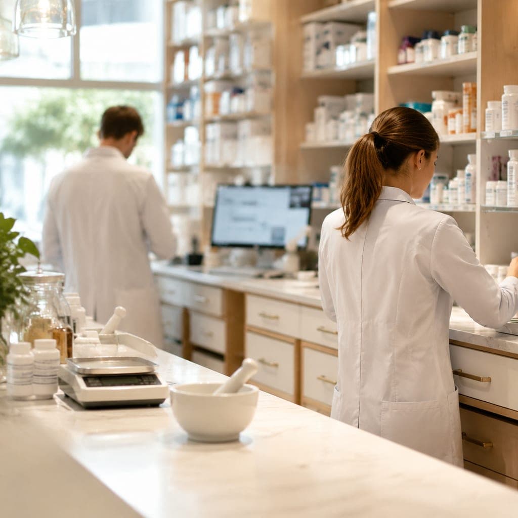Intérieur d’une pharmacie avec comptoir et rayonnages de médicaments, illustrant le métier de pharmacien.