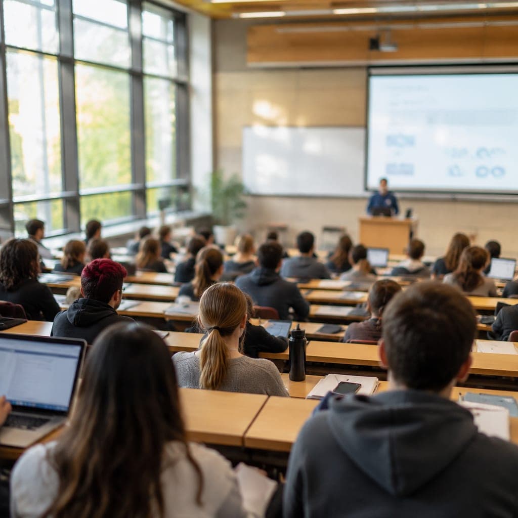 Amphithéâtre d’université en France avec des étudiants de dos suivant un cours, illustrant les places en études de santé