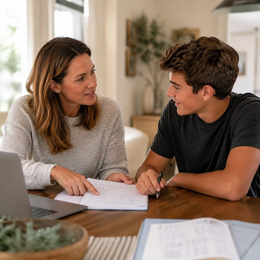 Un lycéen et un parent préparent la liste des vœux Parcoursup sur un ordinateur portable