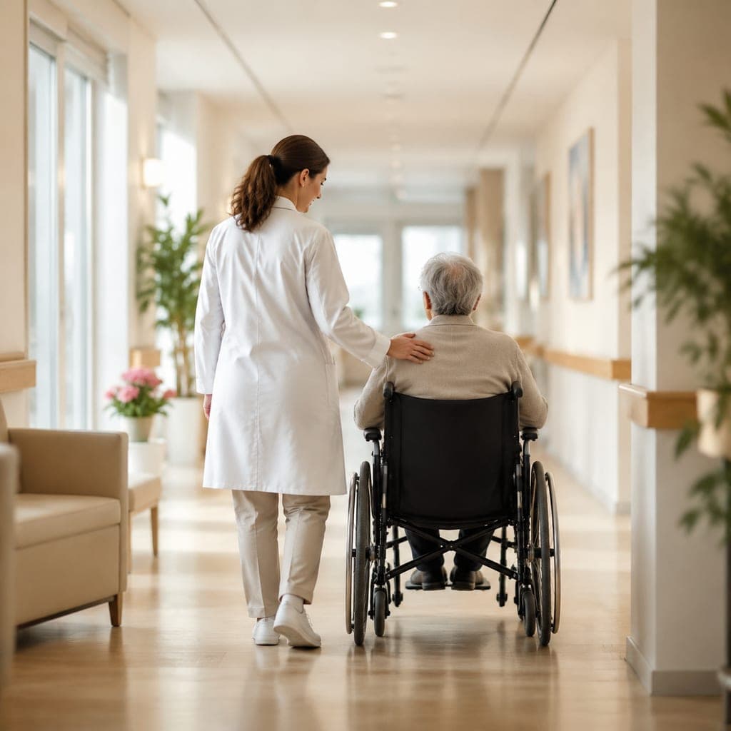 Professionnel de santé accompagnant une personne en situation de handicap dans un établissement de soins