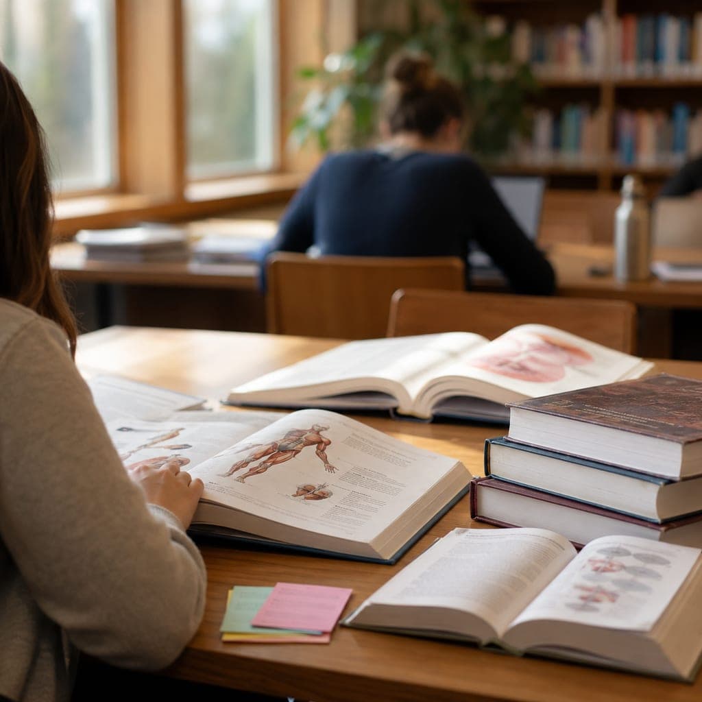 Manuels d’anatomie et de biochimie ouverts sur une table de bibliothèque universitaire.