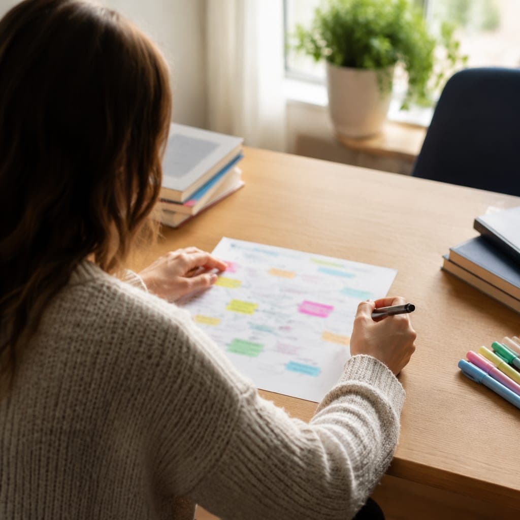 Brouillon d’oral annoté avec mots-clés surlignés en couleurs sur une table d’examen.