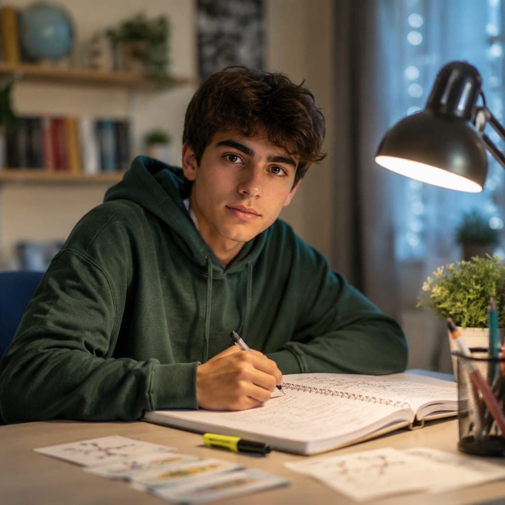 Lycéen révisant les sciences à son bureau avec des fiches, préparation aux études de santé dès le lycée