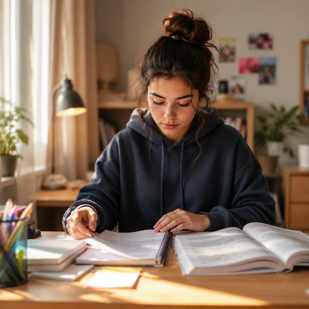Agenda et manuels de sciences sur le bureau d’un lycéen préparant les études de santé.