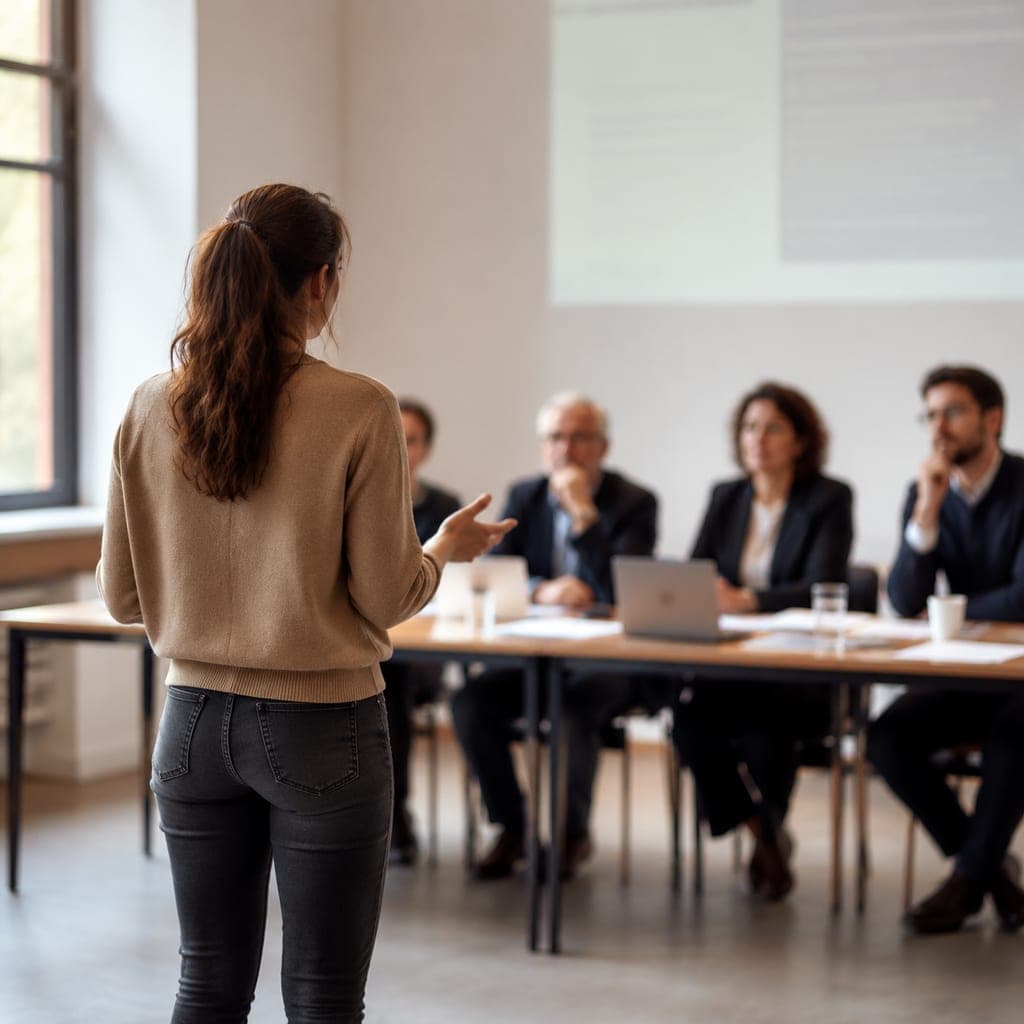 Étudiant s’entraînant à un oral d’admission face à un jury lors d’une simulation.