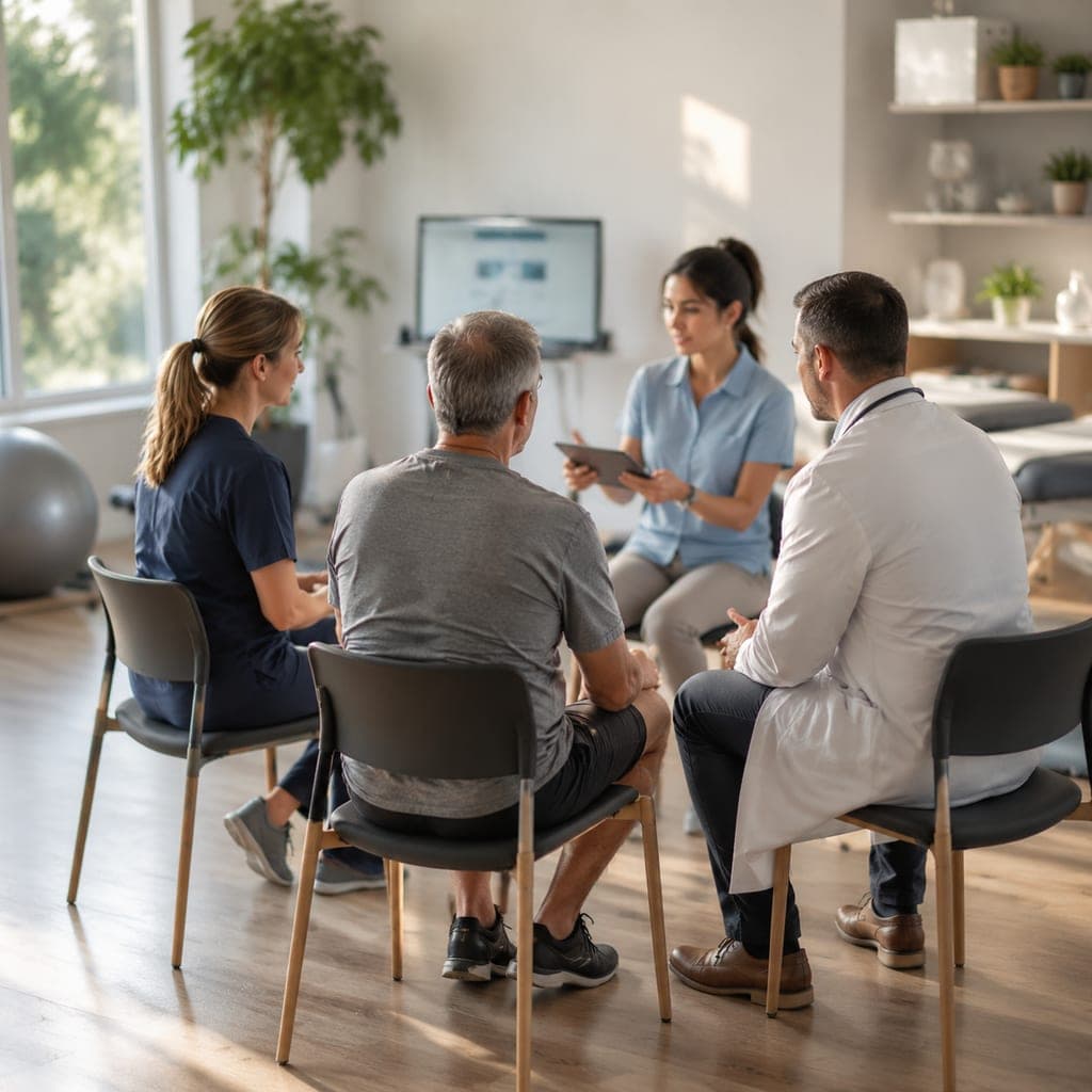 Équipe pluridisciplinaire discutant de la prise en charge de la douleur d’un patient