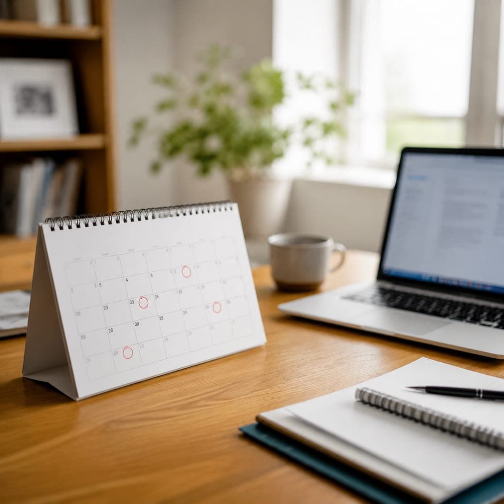 Calendrier avec dates clés entourées près d’un ordinateur portable sur un bureau