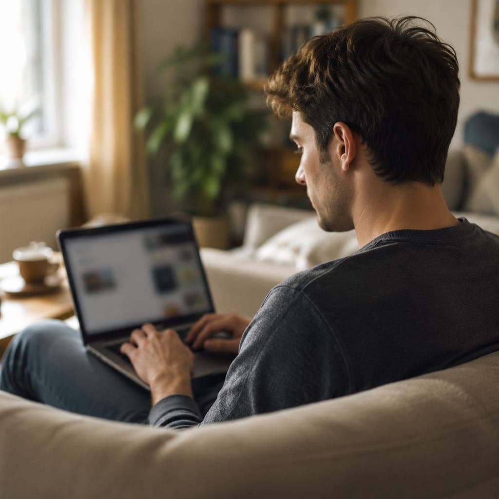 Candidat consultant ses résultats d’admission sur un ordinateur portable dans sa chambre.