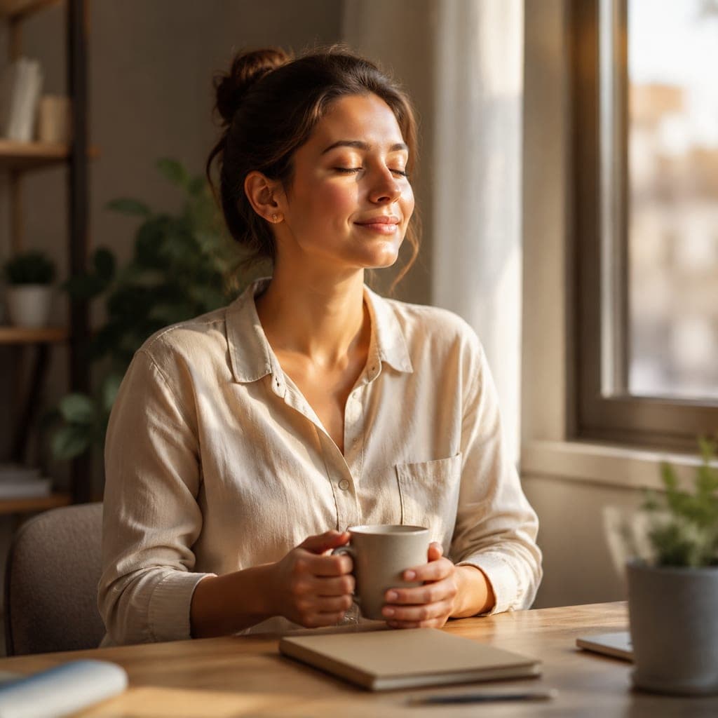 Étudiante faisant une pause près d’une fenêtre pour gérer son stress pendant ses révisions.