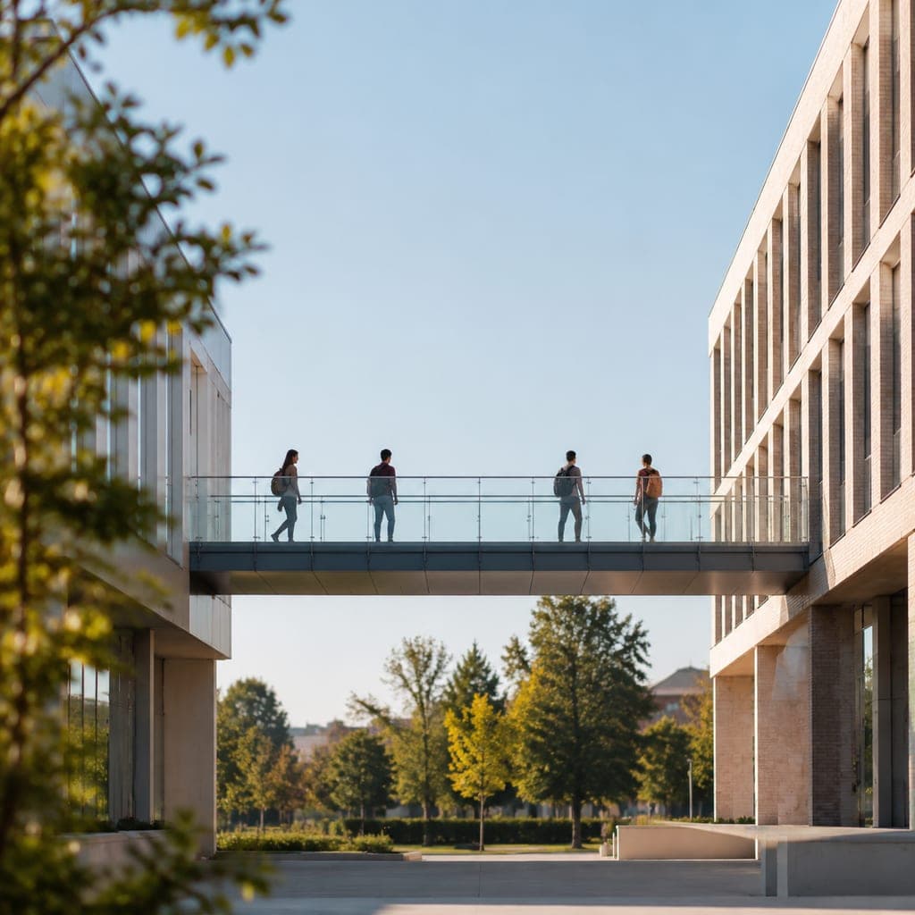 Passerelle reliant deux bâtiments universitaires, image de la voie passerelle vers les études de santé