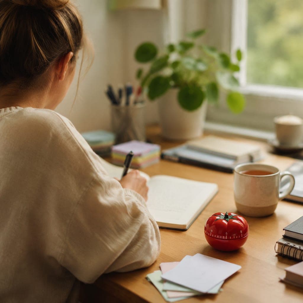 Un minuteur en forme de tomate posé sur un bureau d’étudiant en médecine