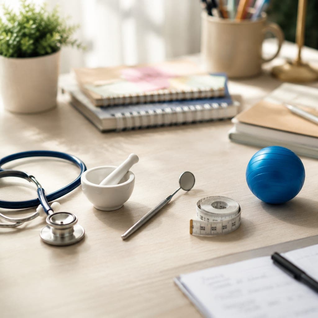 Objets symbolisant les filières de santé médecine pharmacie odontologie maïeutique kinésithérapie sur un bureau.