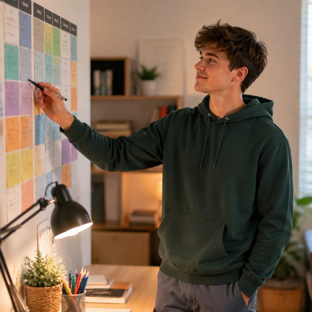 Planning hebdomadaire coloré affiché au-dessus d’un bureau d’étudiant en PASS.