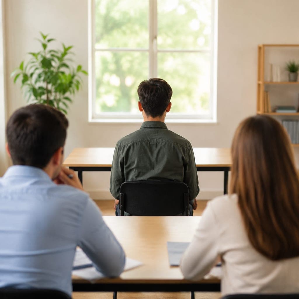Étudiant s’entraînant à l’oral d’admission face à un jury simulé dans une salle claire.
