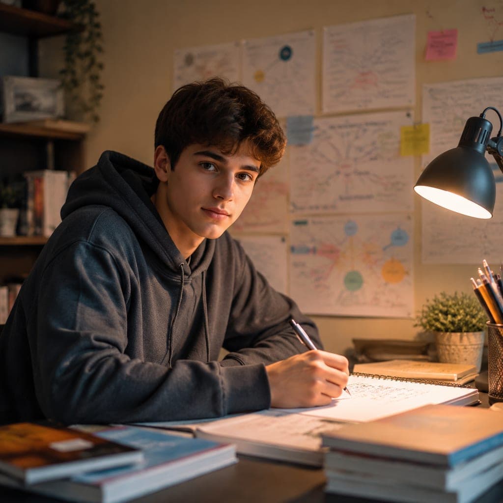 Lycéen préparant les études de médecine à son bureau avec cahiers de sciences et cartes mentales.