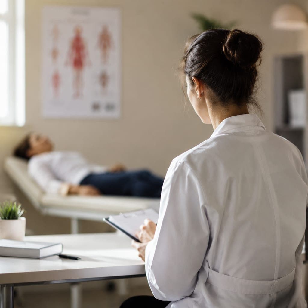 Étudiant en médecine en blouse lors d’une station d’examen clinique de type ECOS