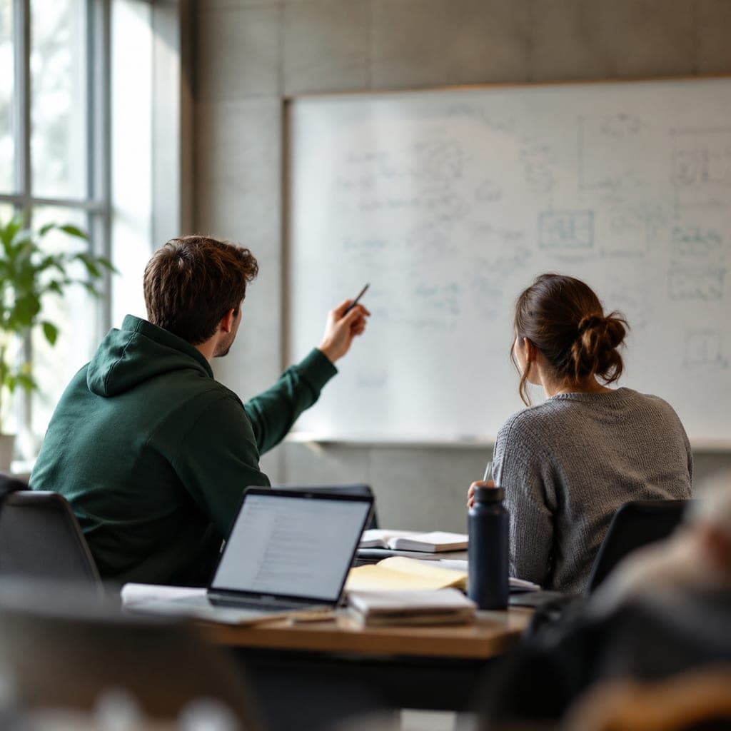 Deux étudiants en santé travaillant ensemble dans une salle d’étude universitaire.